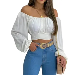 Women Off The Shoulder Short Shirt Crossover Straps Slim Fit Blouse Female Spring Comfortable Commuter Casual Lantern Sleeve Top