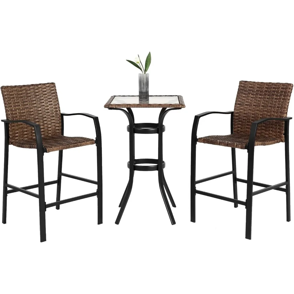 

3-Piece Bar Height Patio Set – PE Rattan Table & Chairs, Tempered Glass Top, Outdoor Bistro Furniture​