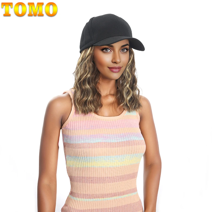 TOMO-Perruque de Baseball Synthétique Courte Ondulée, Bob Naturel, Chapeau Noir, Casquette avec Cheveux Allergiques, Ajustable pour Bol