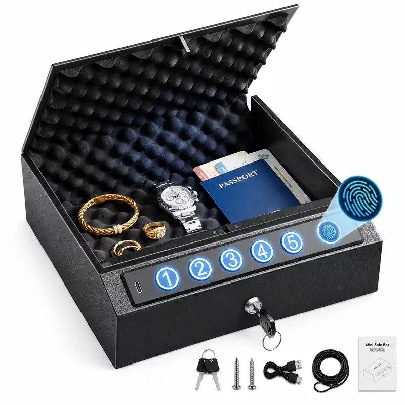 Biometric Hand Gun Safe Box Handgun Fingerprint Digital Keypad Auto-Lid Open Car Safety Lock Box Electronic Jewelry Money