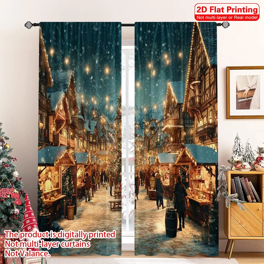 

2pcs 2D flat printing Merry Christmas Curtain Christmas Market Night View Versatile Polyester Fabric Without Electricity Family
