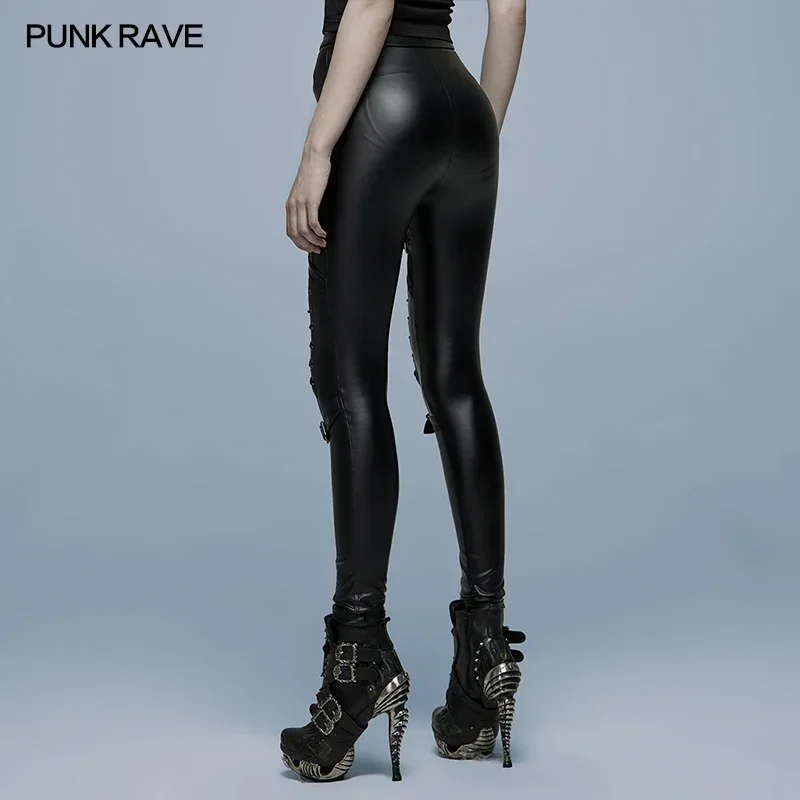 PUNK RAVE-Imitação Gótica de Couro com Malha, Leggings Pretas Simples, Calça Sexy, Splicing Charme, Moda Diária, Gótica