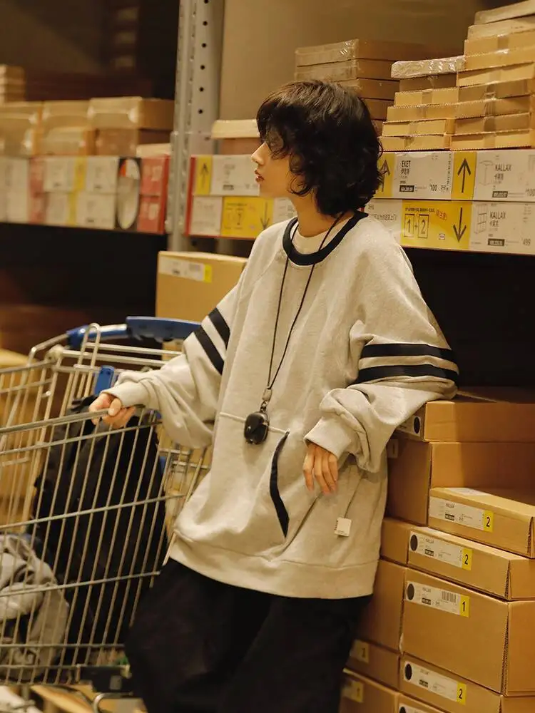 Japanese Retro Kangaroo Pocket Patchwork Color Block Hoodie Unisex Loose Versatile Crew Neck Raglan Sleeve Sweatshirt