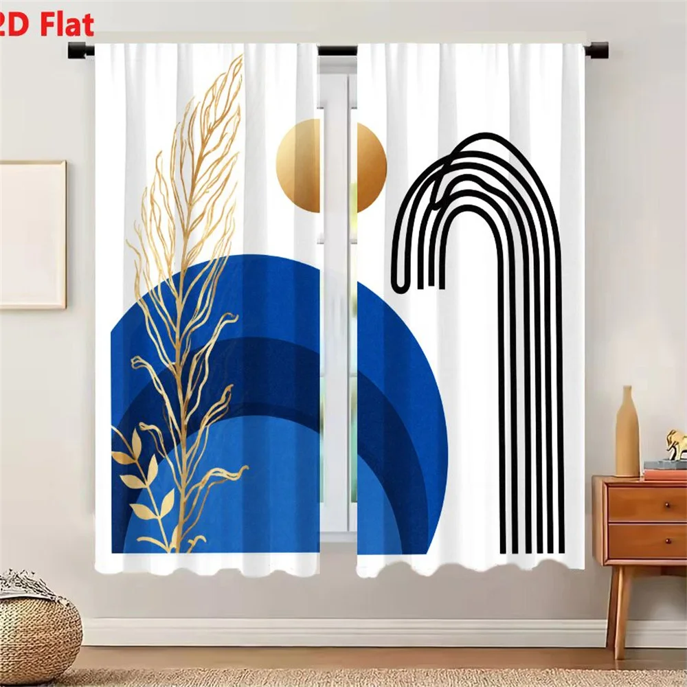 2Pcs Curtains 2D Flat Modern Abstract Composition With Golden-Brown Branch Blue Semi-Circles And Black Curved Lines On White Bac