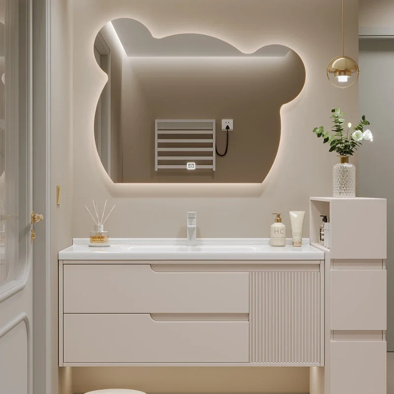 Lavabo integrado de cerámica, mueble de baño ligero, estilo crema, montado en la pared, para el hogar