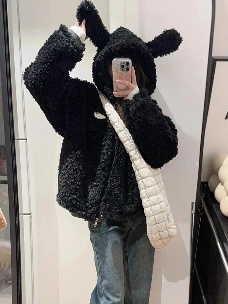 Casual Cute Rabbit Ear Hooded Sweatshirt Loose Plush Jacket Women's Winter Coat Thicken Soft Hoodies Outerwear Female Clothing