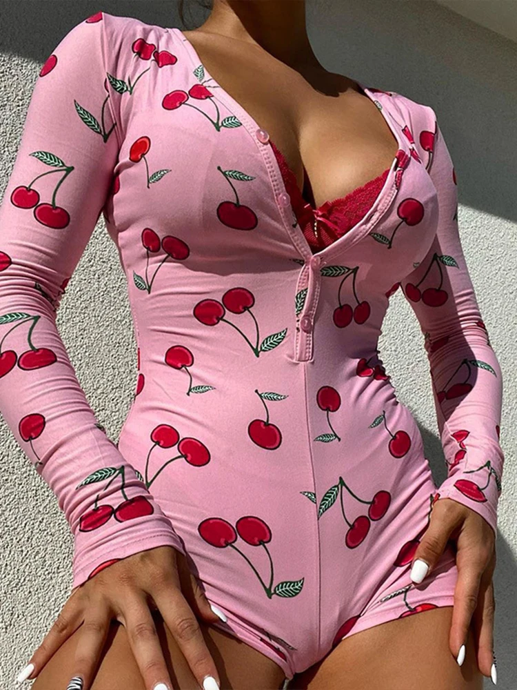 Cute Fruit Cherry Print Tight Fitting Long Sleeve Sexy V Neck Single-breasted Casual Home Bodysuits Sleepwear Playsuit For Women