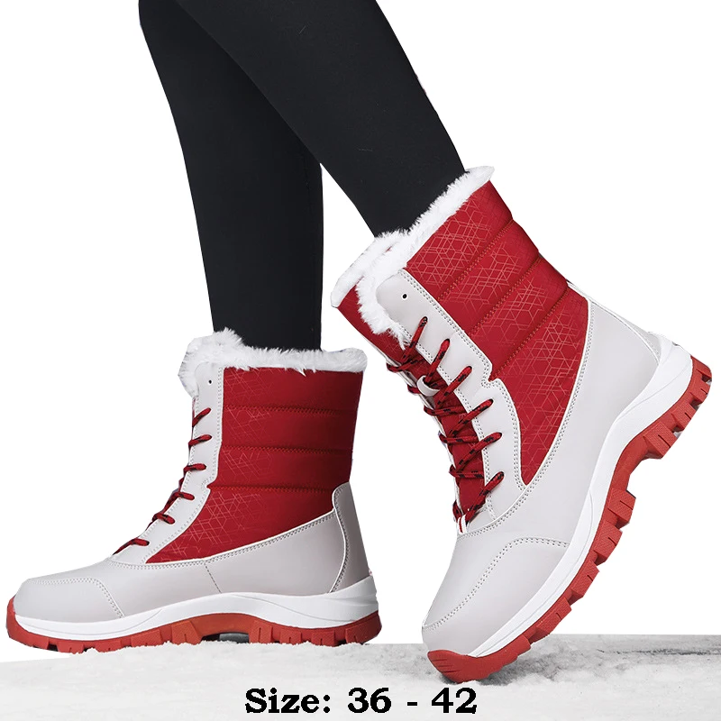 

High quality leather ankle length snow boots for women new 2024 winter size 41 42 outdoor fur plush warm walking shoe blue red