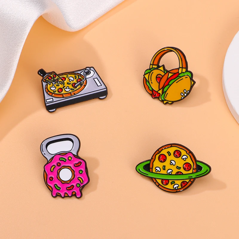 Kitchen Food Collection Hard Enamel Pins Personality Pizza Earth Burger Earbuds Donut Bottle Opener Shaped Brooches