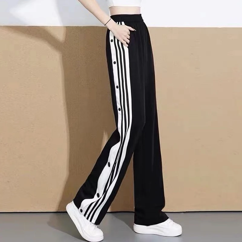 Calça Harajuku feminina listrada de peito único, streetwear casual, cintura alta, divisão reta, calças de perna larga, Y2K