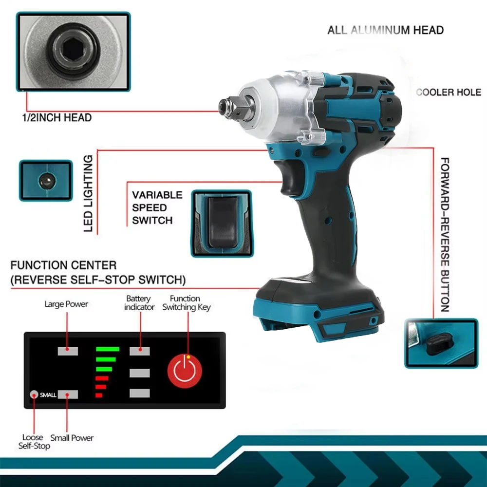 1/2 inch 520NM Brushless Cordless Electric Impact Wrench Power Tools Compatible 18V Battery Wrench with Toolbox Set view 3