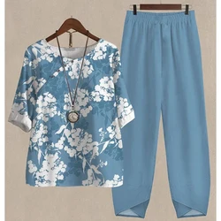 Women Round Neck Short Sleeve Suit Flower Print Elegant Two Piece Sets Female Outfits High Waist Loose Pants Ladies Suit Summer