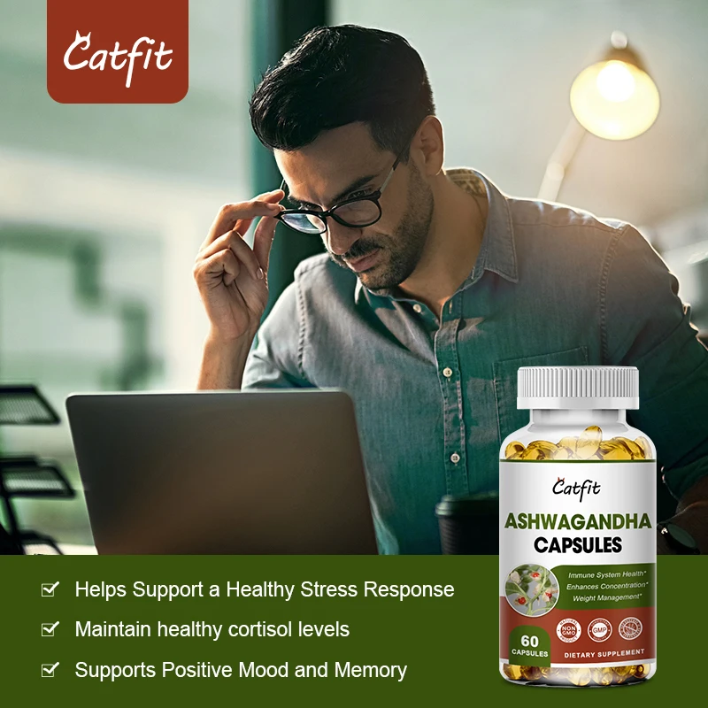 Catfit Nature Ashwagandha Capsule Help Sleep Relieve anxiety Reduce Pressure Endurance Hormones Endocrine Regulation for woman