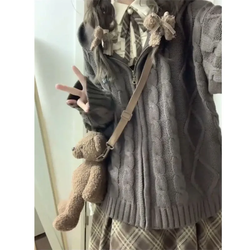 Japanese College Style Women Dress Suit Fall Winter Vintage Plaid A-line Long Dress+gray Loose Hooded Zip Knit Cardigan Top Sets