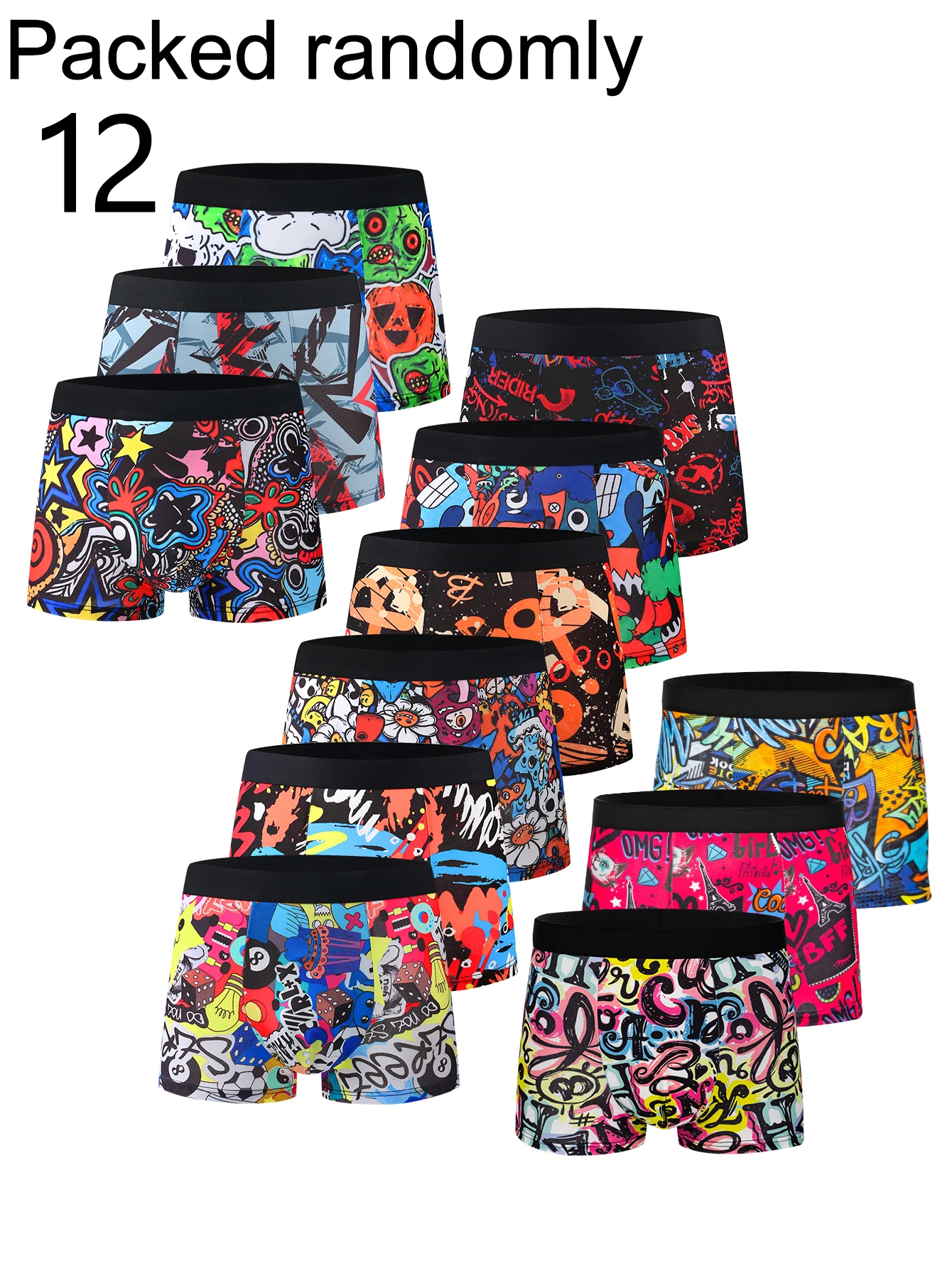12-Pack Men's Graffiti Print Boxer Briefs Trendy Personality Monster Floral Patterns Elastic Men's Boxer Shorts Random Packaging