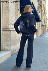 Sequin Angel's Wings Hoodies Women Chic Loose Long Sleeve Pullovers Top Slim Yoga Pant Set 2025 New Casual Lady Two Piece Sets