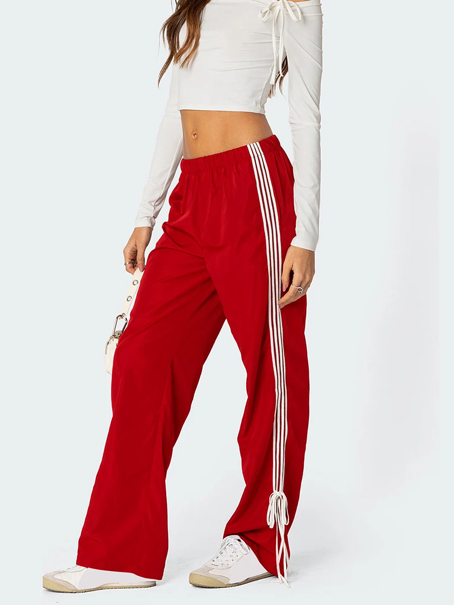 Women Side Striped Sweatpants Elastic Waist Bow Trim Wide Leg Track Pants Y2k Baggy Straight Leg Trousers