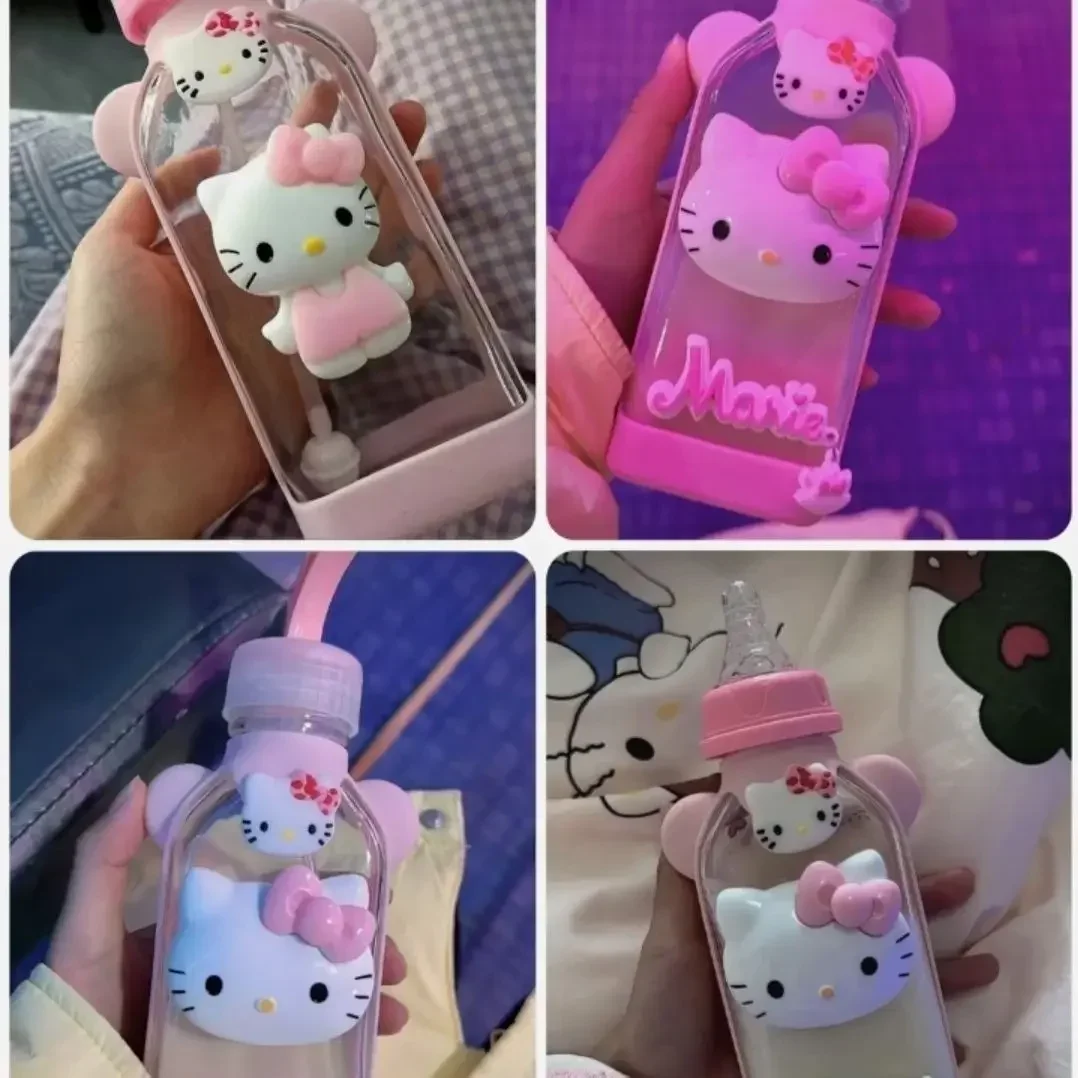 Sanrio Anime Adult Baby Bottle and Water Cup Hello Kitty Flat Bottle with Straw Replaceable Portable Water Cup Cute Girly Heart