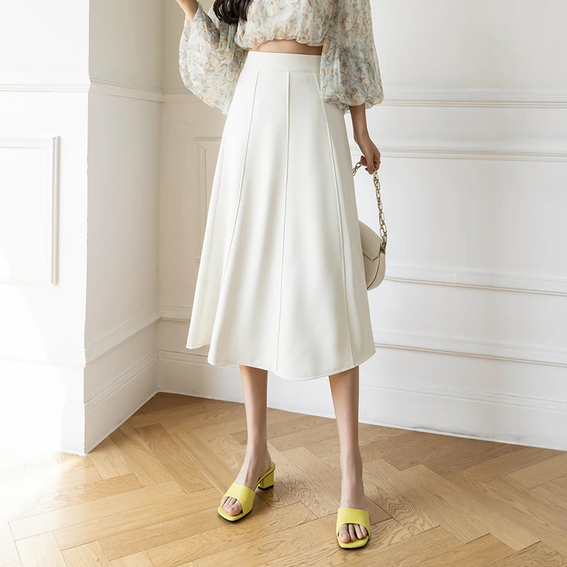 Seoulish 하이 웨이스트 대형 스윙 A라인 스커트, 우아한 단색 오피스 레이디 캐주얼 패치워크 여성 스커트, 2024 가을 신상