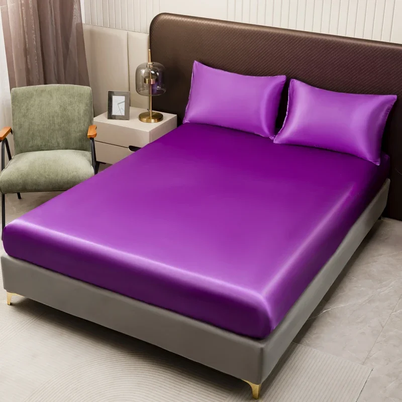 Purple Satin Fitted Sheet Deep Pocket Mattress Covers Set Luxury Soft Solid Fitted Sheet Breathable Smooth Bedding for Adults