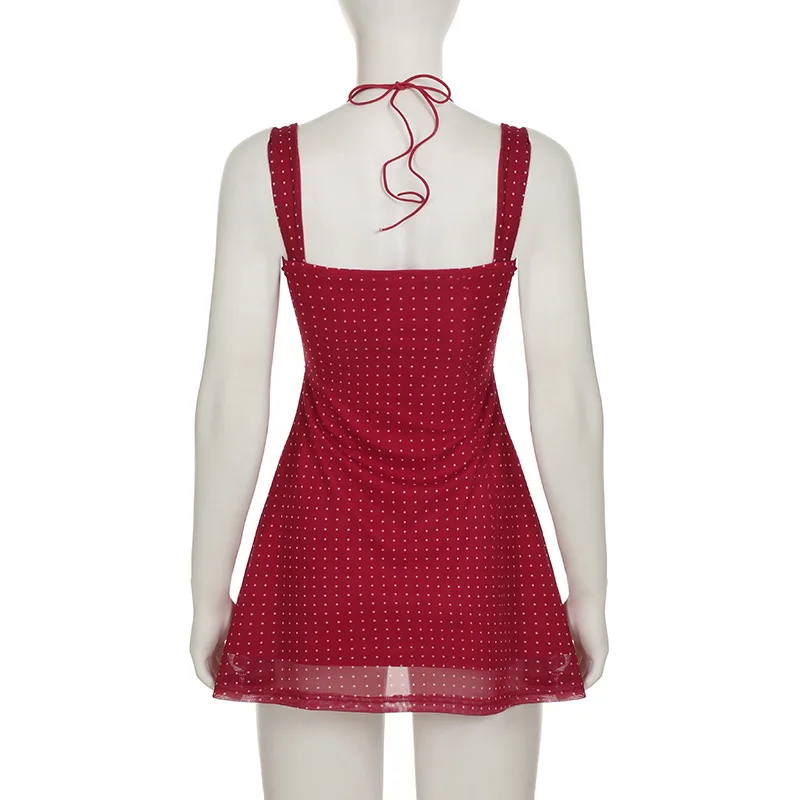 Robe française romantique à pois, imprimé à bretelles, High Street Y2K, Robe de soirée en maille, col en v, col licou, Mini Robe à lacets pour dames, été