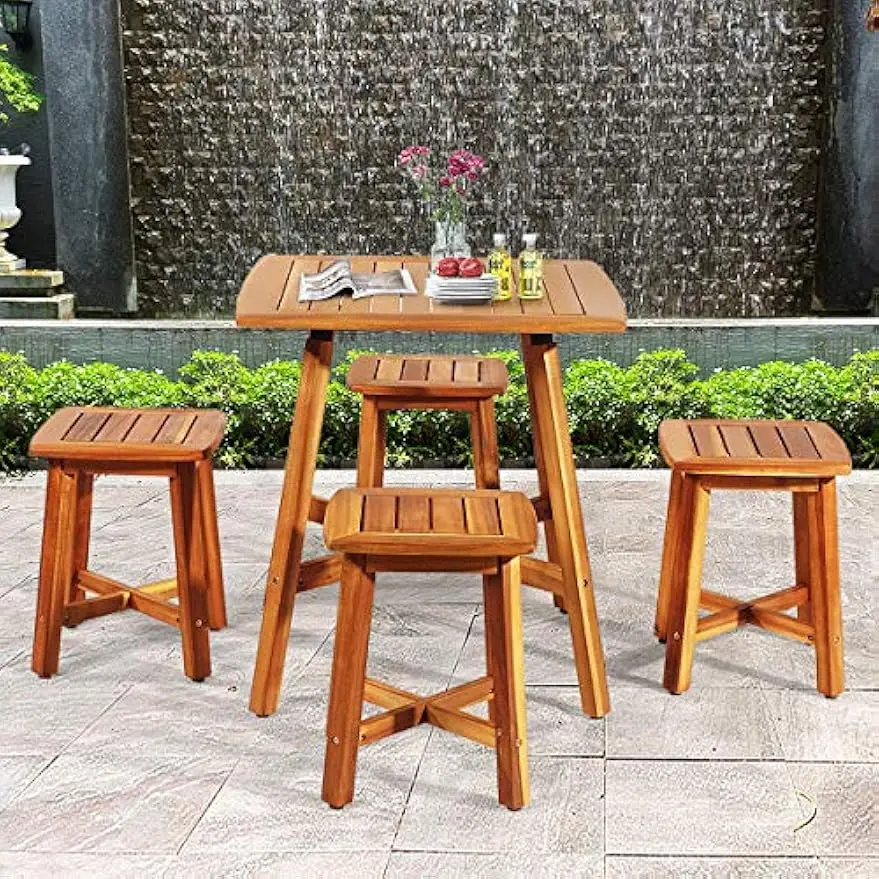 Acacia Wood Dining Furniture Set with 4 Stools, Wood Table and Armless Chairs for Garden Porch Backyard Balcony Poolside