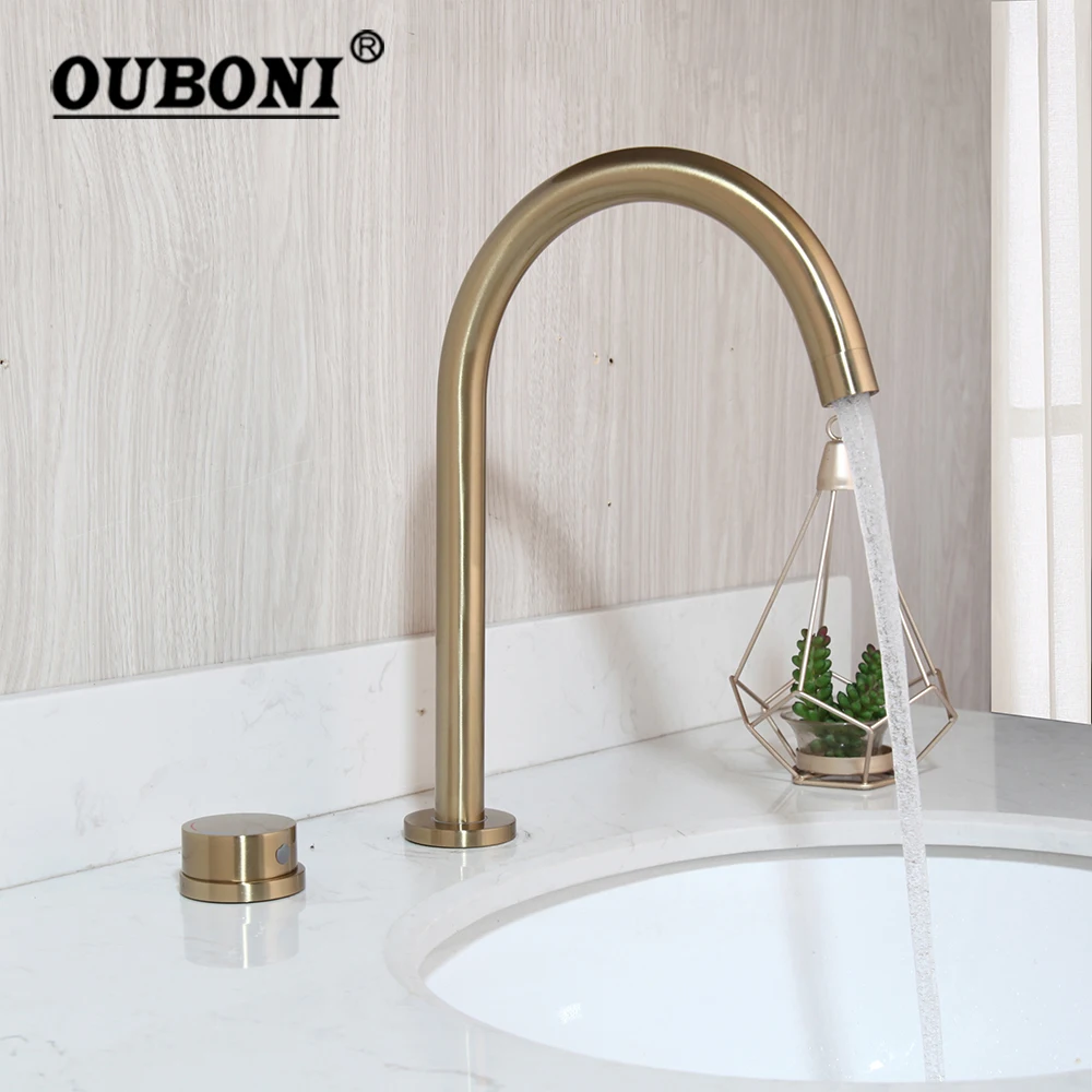 

OUBONI Bathroom Faucet Brushed Gold Hot Cold Water Mixer Faucets Single Handle Rotate Button Deck Mounted Kitchen Sink Taps