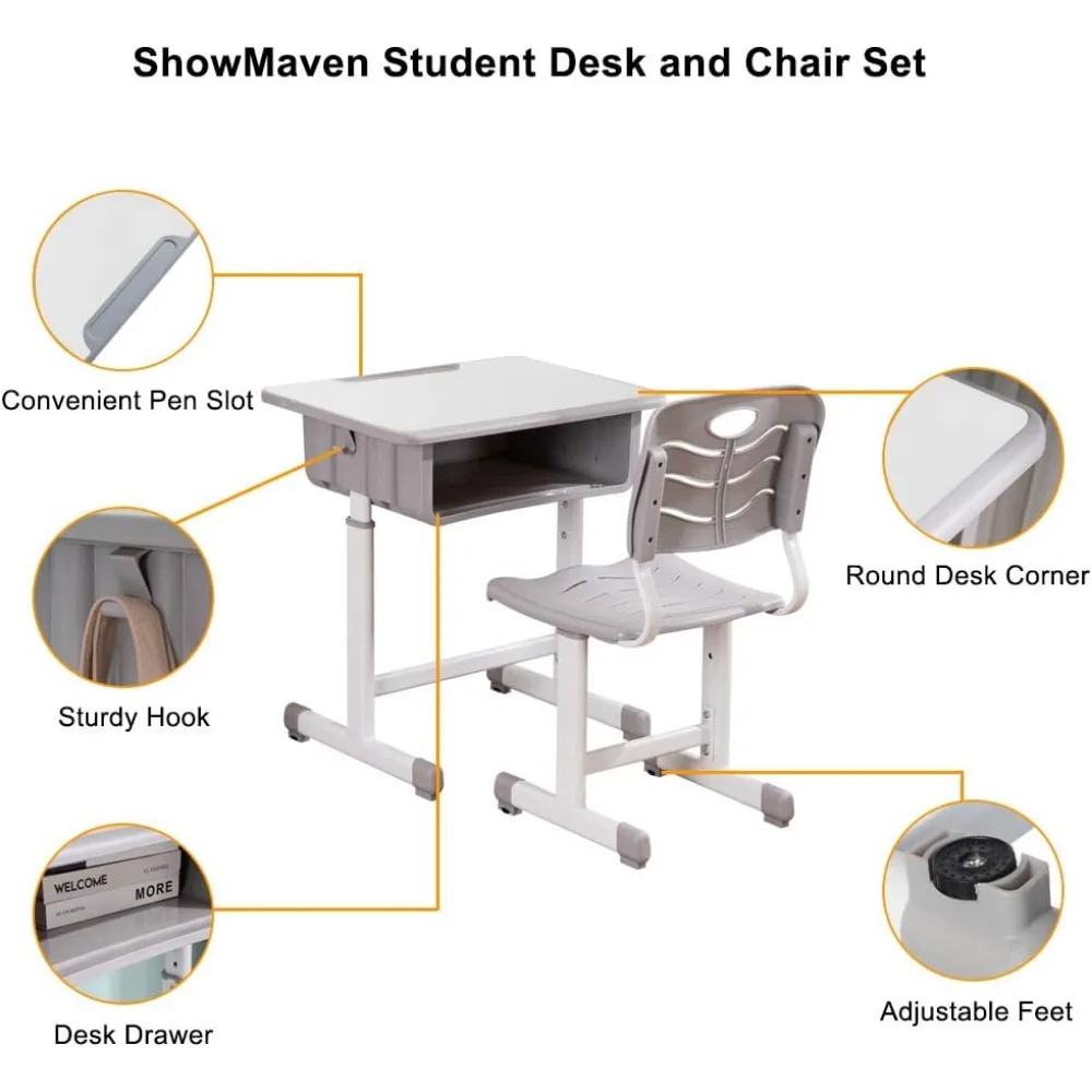 Student Desk and Chair, Height Adjustable Children's Desk and Chair Workstation with Drawer, Pen Slot and Hooks for Home