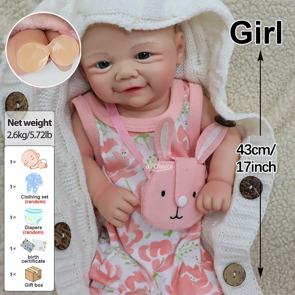 세탁 가능한 17인치 실리콘 리본 베이비돌, 실물 같은 전신 실리콘 포근한 신생아 여자아이 인형, 수집가와 예술가들에게 완벽합니다