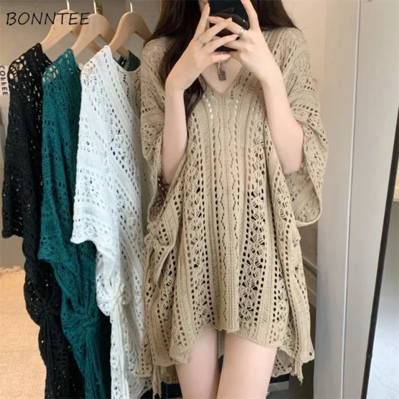 

Pullovers Women Hollow Out Tassel Solid Holes Baggy Half Sleeve V-neck Sweaters Summer Sexy All-match Simple Home Soft Casual