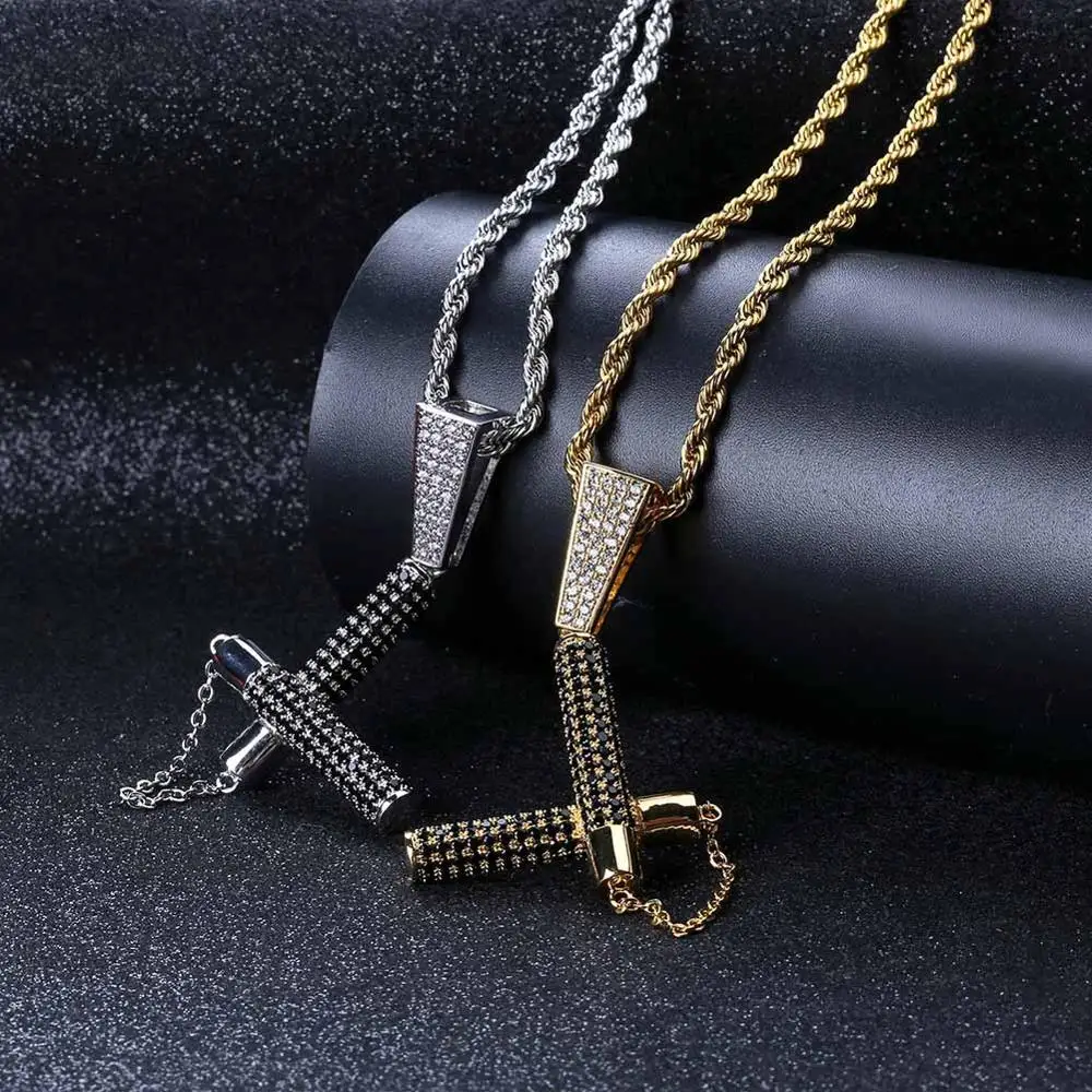 Black AAA Cubic Zirconia Paved Iced Out Bling Gold Silver Color Cool Nunchakus Pendants Necklace for Men Hip Hop Rapper Jewelry