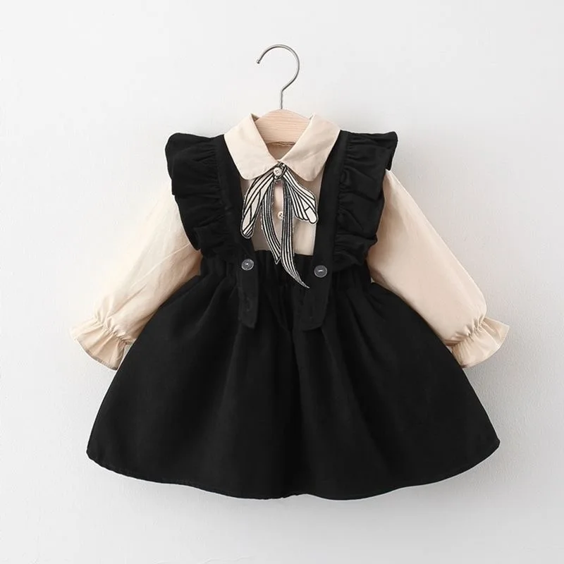 2 Pcs New Autumn Spring Baby Girl Bow Dresses Girls Long Sleeve Pure Cotton Newborn Birthday Dress Beige T-shirt and Red Dress