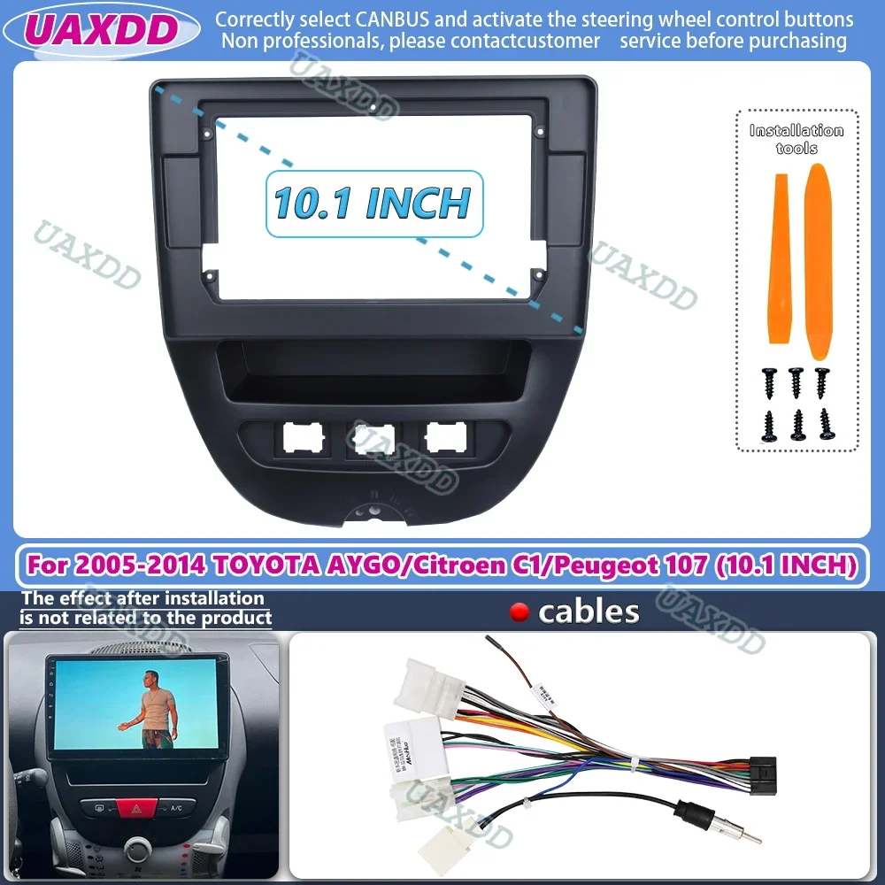 For 2005-2014 Toyota Aygo Citroen C1 Peugeot 107 10INCH LHD RHD MATT BLACK 2 Din Car Android Frame Kit Fascia Cable Video Stereo