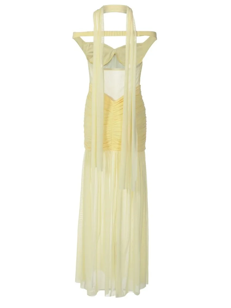 FDYOUI Elegant V-neck Off Shoulder See-through Mesh Long Dress for Women Sexy Sleeveless Backless Split Evening Party Dresses