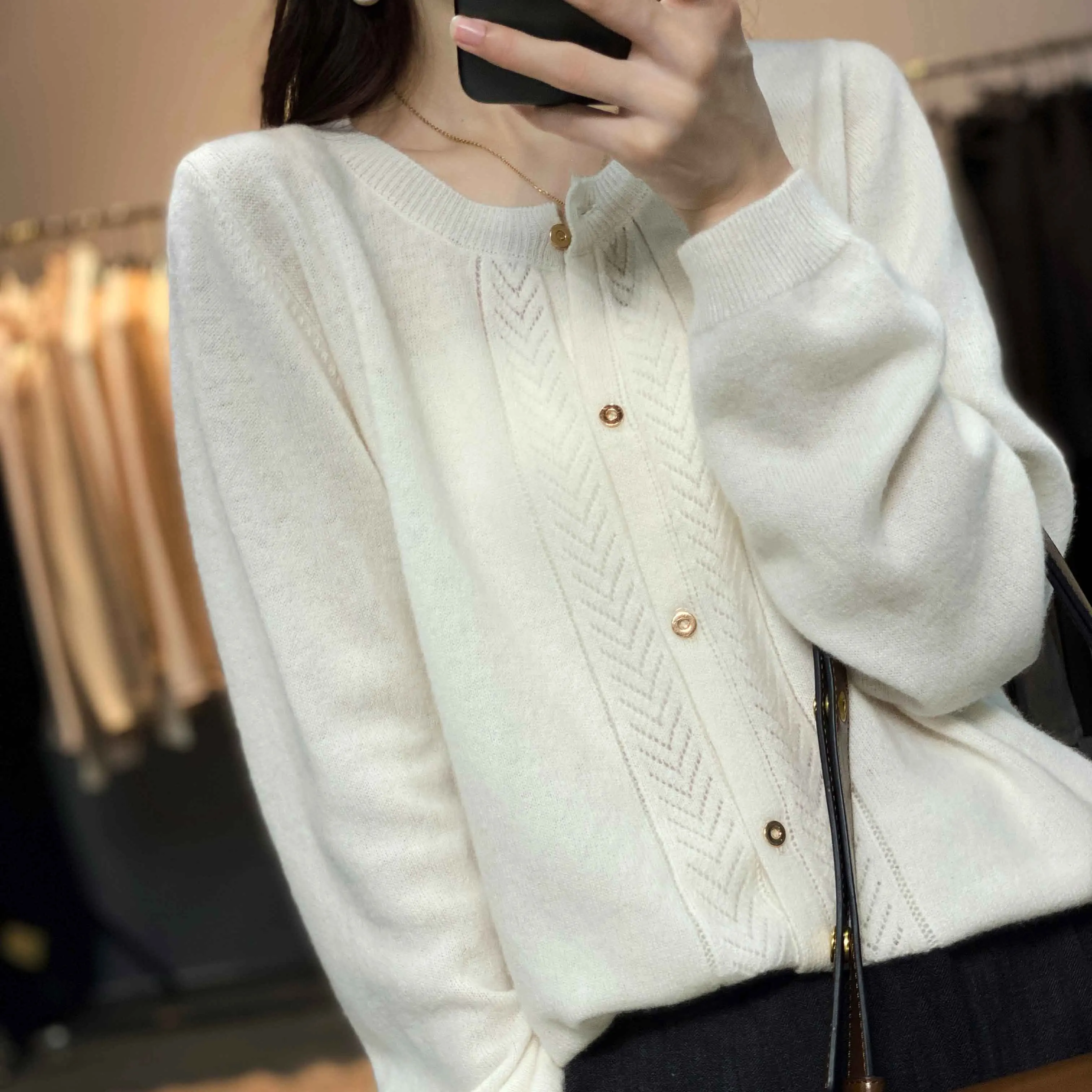 Fashionable style hook flower hollow out round neck cashmere knit cardigan woman autumn winter loose show thin short wool coat