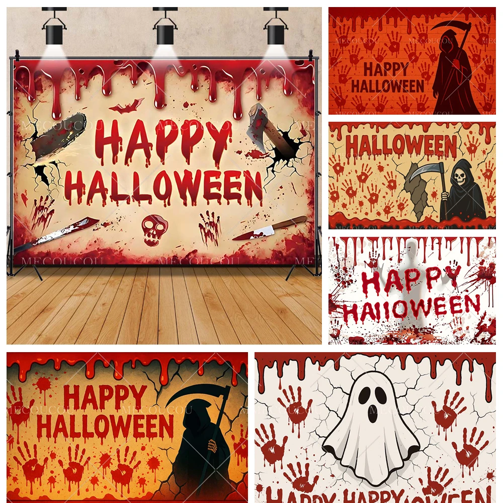 

Halloween Cartoon Horror Death Sickle Bloody Hand Ghost Adult Family Party Room Banner Custom Kid Decor Photo Studio Background