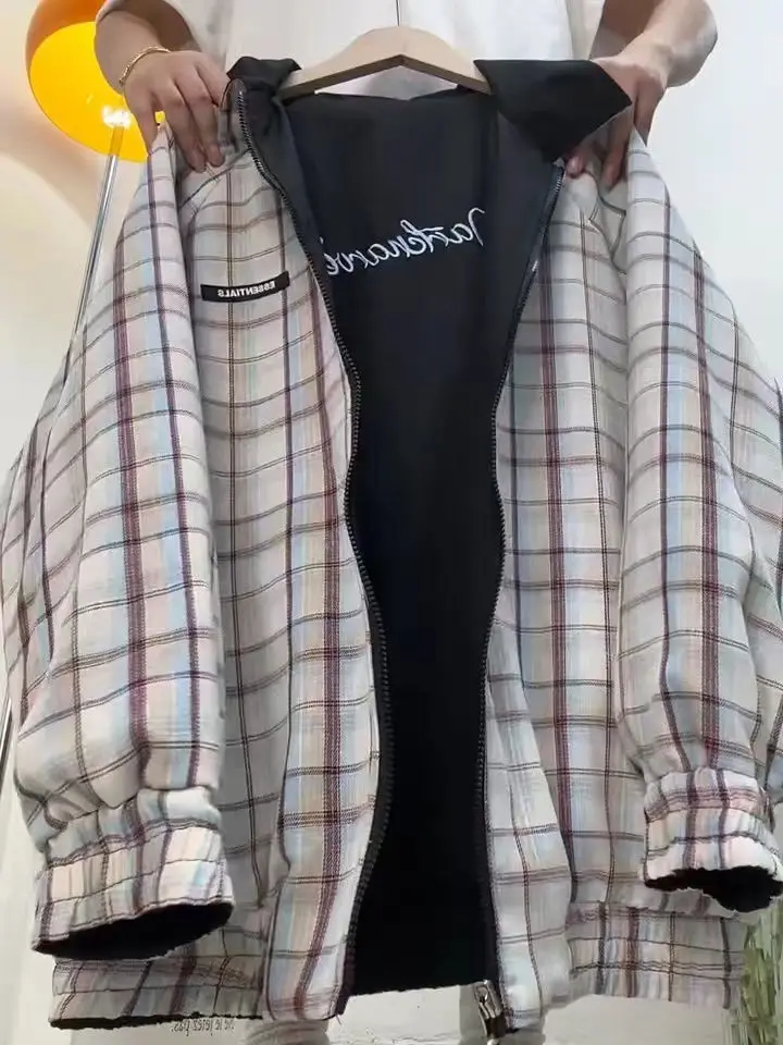 American retro plaid double-sided collar jacket women's early autumn 2024 new high-grade casual loose fashion Joker coat