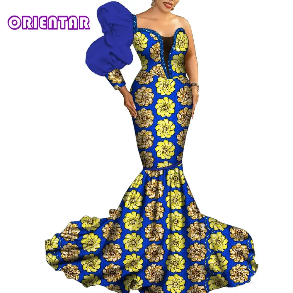 

One Shoulder African Print Dress Women Fashion Ankara One Puff Sleeve Long Evening Dress Floor Length Maxi Dress WY1640