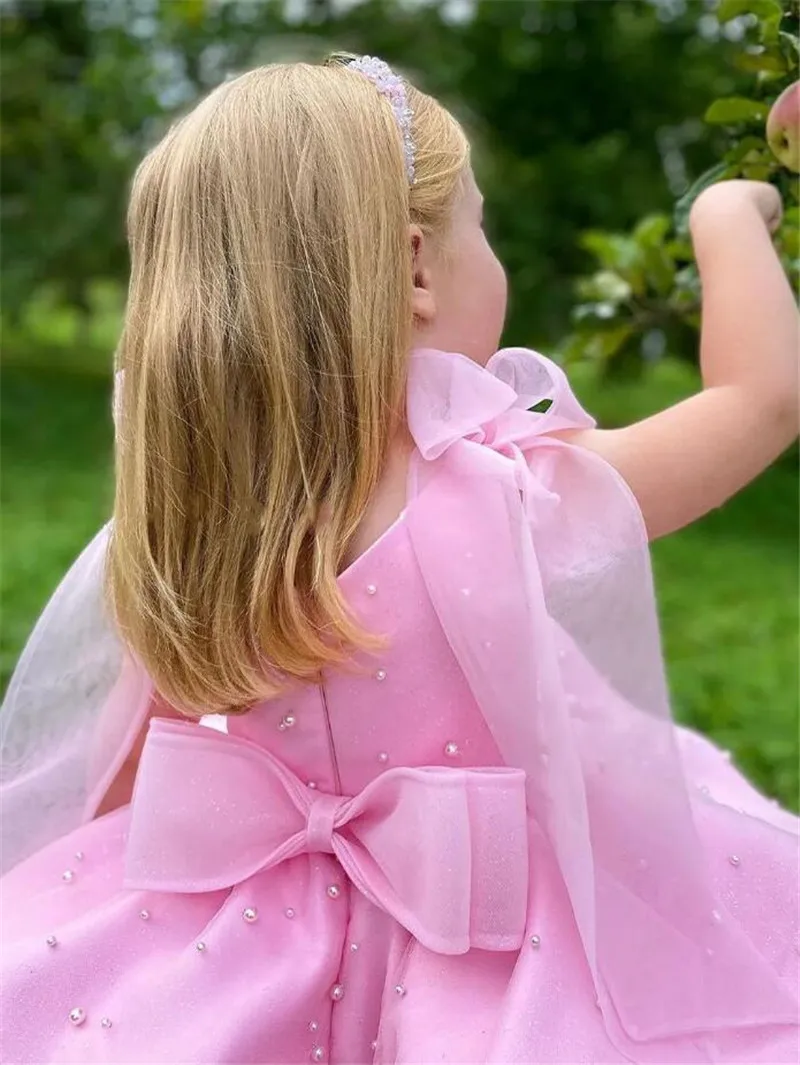 Lovely Pink Flower Girl Dress with Ribbon Bow Evening Birthday Party Gown First Communion Dress Kid Toddler TUTU Kid 1-14T