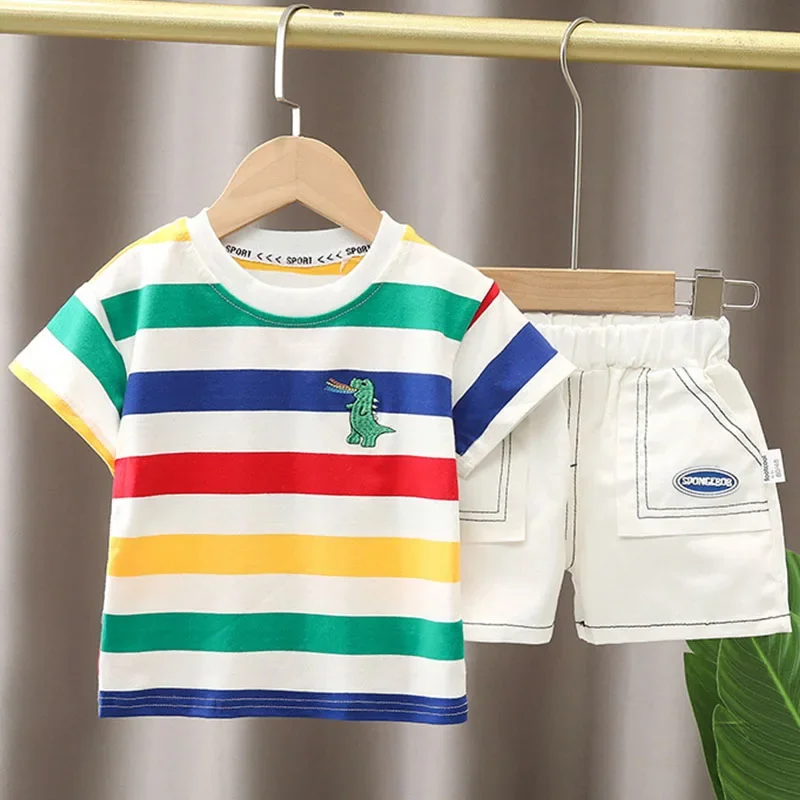 

2Piece Sets Summer Baby Boy Clothes Korean Fashion Casual Stripe Cartoon Short Sleeve Tops+Shorts Boutique Kids Clothing B001