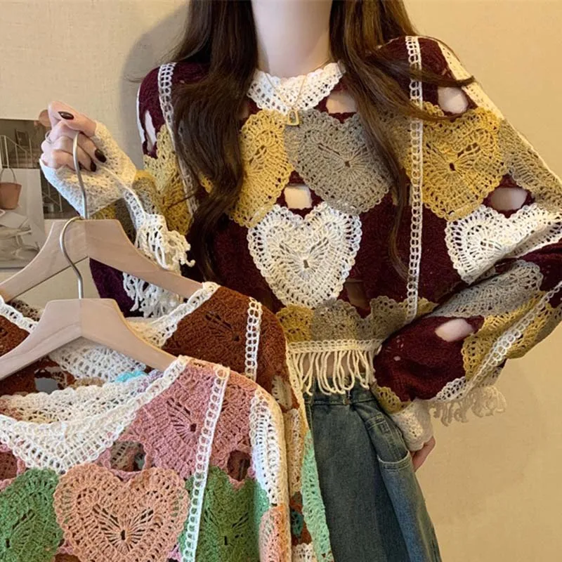 Boring Honey New Design Feels Crocheted Hollow T-Shirt Tassel Loose Sweater Top Fashion O-Neck Bat Sleeve Long Sleeve Top Women 6
