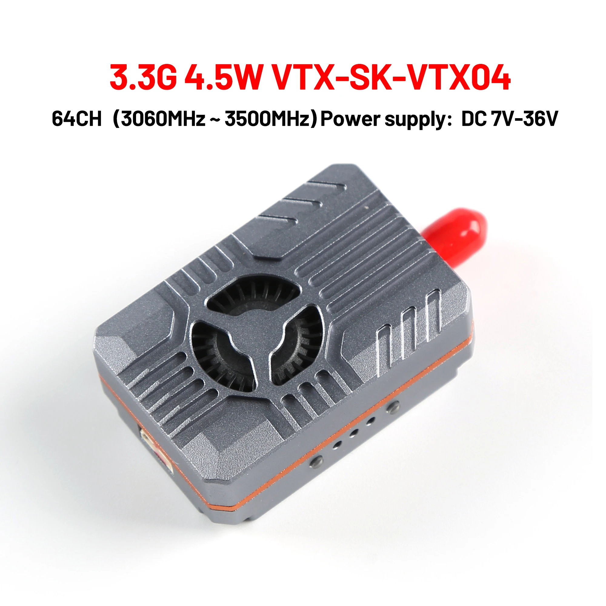 

3.3G 4.5W VTX SK-VTX04 Video Transmitter with CNC Shell 64CH High Power DC 7V-36V 25mW/200mW/2000mW/4500mW PIT Mode for RC Drone
