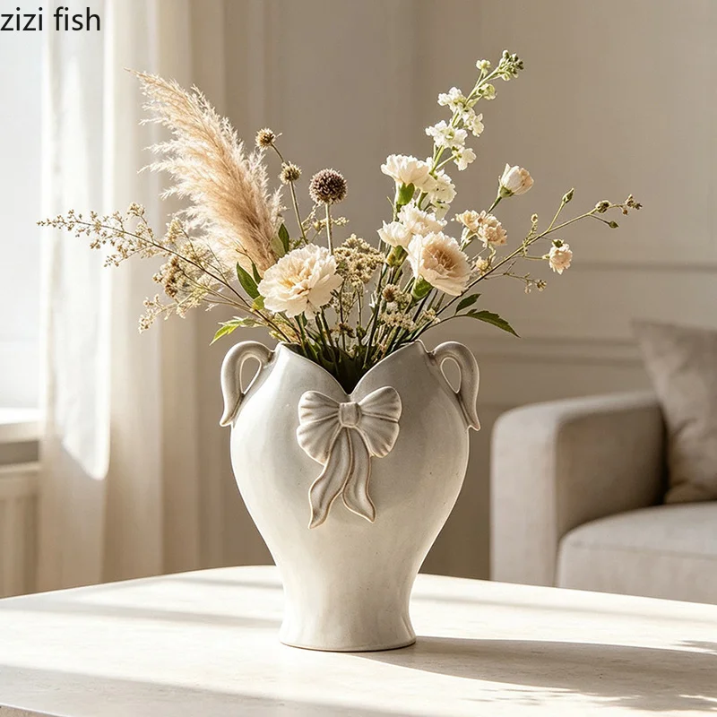 Cream Style Relief Bow Ceramic Vase Creative Hydroponic Vase Flower Arrangement Vase Dining Table Decoration Home Decoration