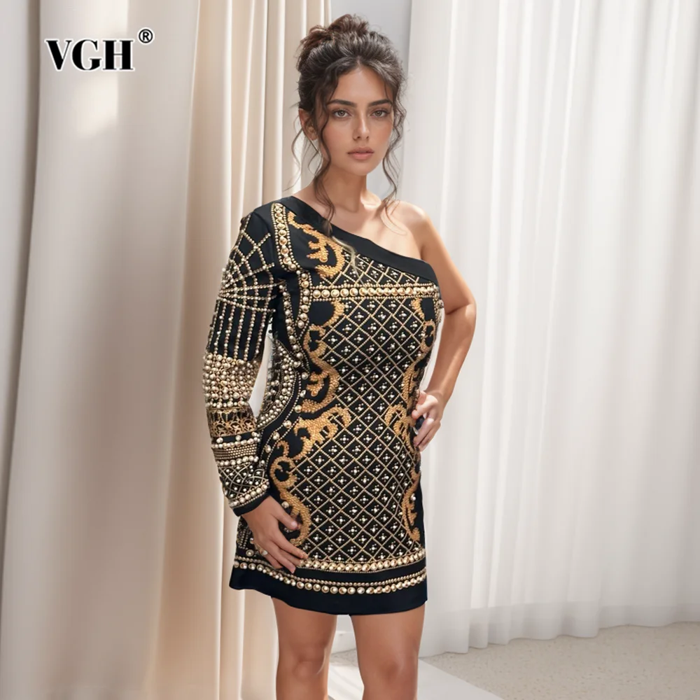 

VGH Spliced Pearl A Line Dresses For Women Diagonal Collar One Shoulder Sleeve High Waist Colorblock Printing Mini Dress Female