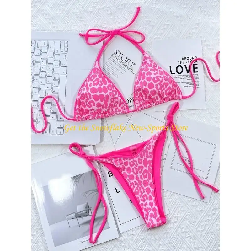 E56D Dames Tie Side Side Swimsuit Tweede stuk badpakken Leopard Print Halter Set