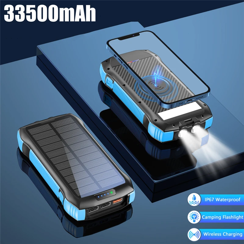 33500mAh Solar Power Bank Mobile Phone Chargers Powerbank for iPhone Wireless Charger PD 20W External Battery Quick Charger