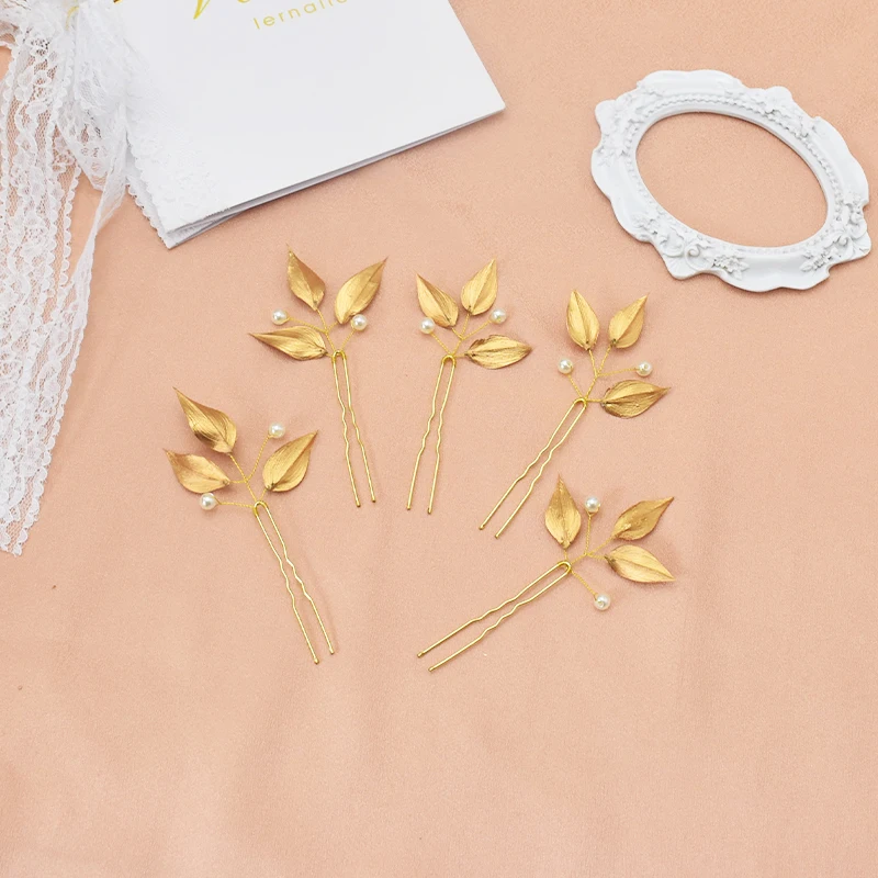 

Golden Leaf Vine Pin Bohemian Wedding Handmade Dried Flower Hair Accessories Bride Pearl Leaf Hairpin Bridesmaid Supplies