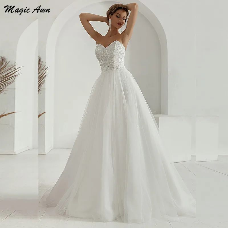 

Magic Awn Shiny Tulle Wedding Dresses For Women Sweetheat Seuqins Beaded A-Line Boho Bridal Gowns Lace-Up Back Vestidos De Novia