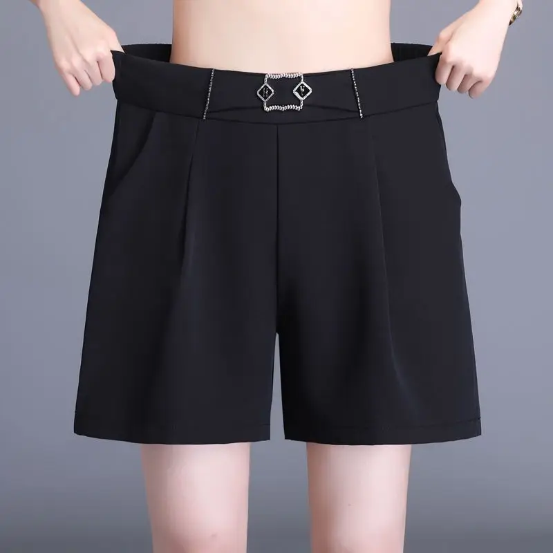 Lato nowe kobiety jednolity kolor cienkie elastyczny, wysoki talia jasna linia dekoracji kieszeń Rucheda na co dzień prosta szeroka nogawki garnitur szorty