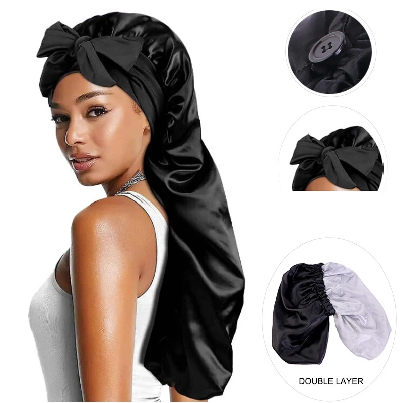 New Women Long Satin Bonnet Sleep Cap Silky Sleeping Cap with Wide Elastic Band Hair Care Curly Hair Natural Hair